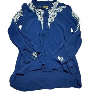 Bob Mackie Women Small Silk Blue Blouse Button Up Long Sleeve White Embroidery